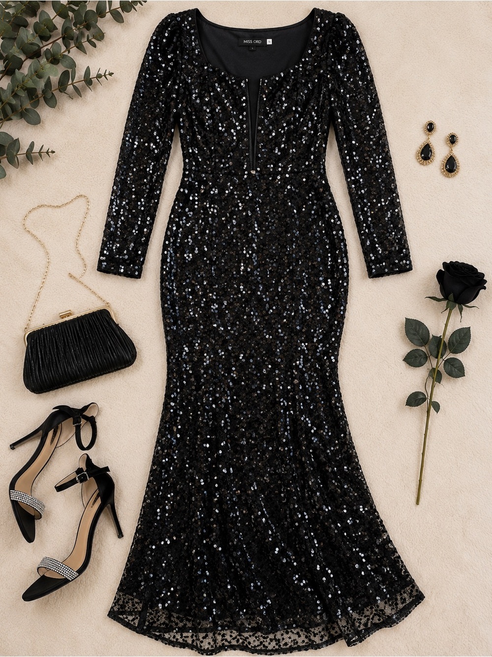 Miss Ord Black Sequin Maxi Gown | Long Sleeve Formal Evening Dress Size L